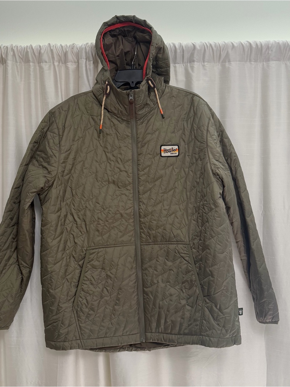 Howler Brothers Olive Quilted Hooded Puffer Jacket with Red Trim